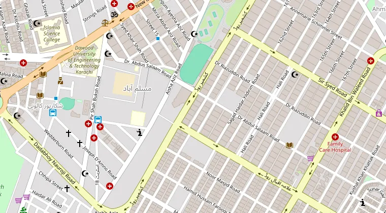 Map showing Deewan Mansion Marquee on Main Kashmir Road, P.E.C.H.S., Karachi